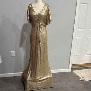 Revelry V Neck Long Gwen Gold Sequin Dress Size 10